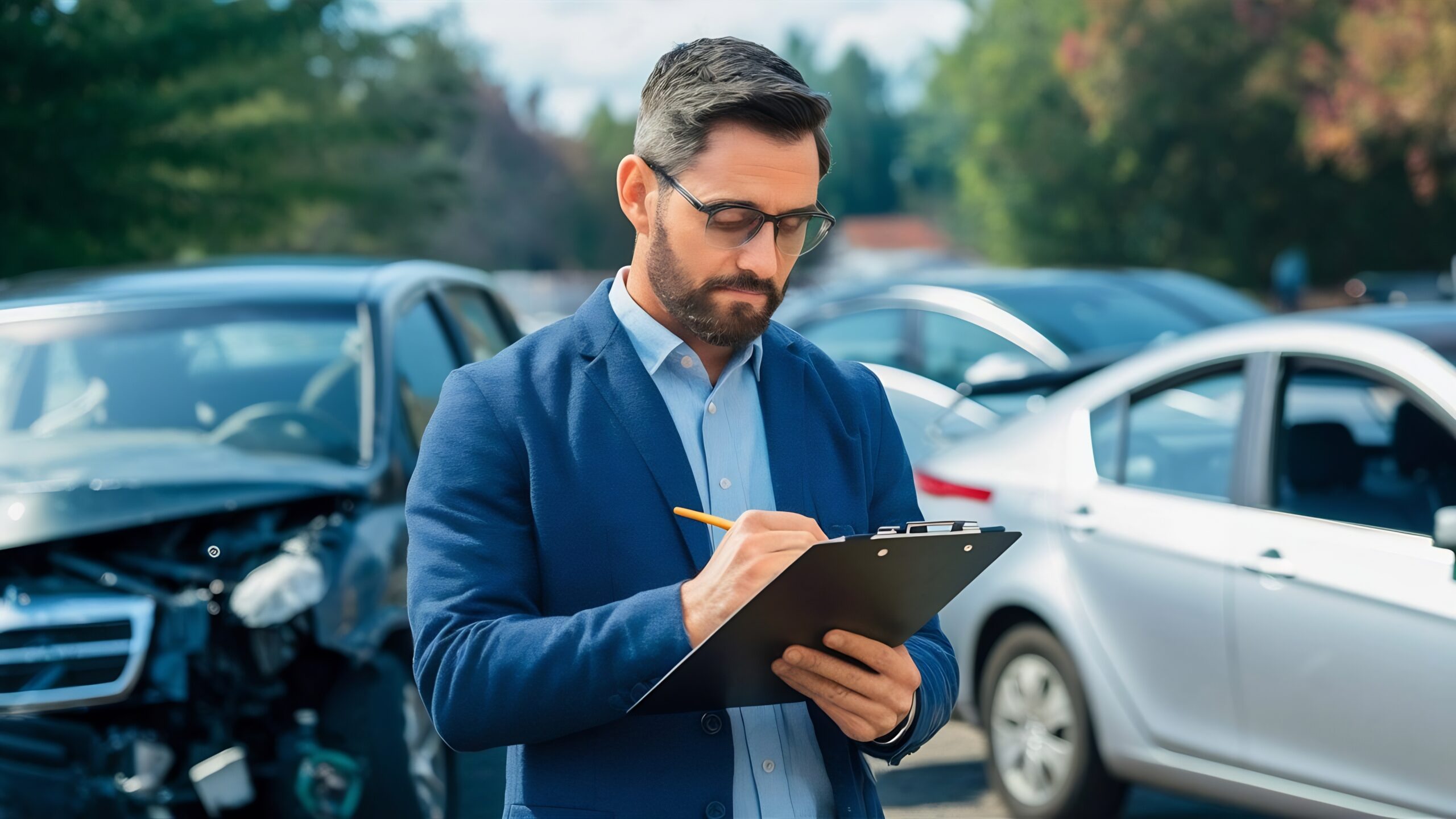 insurance-agent-writing-clipboard-after-accident-cars