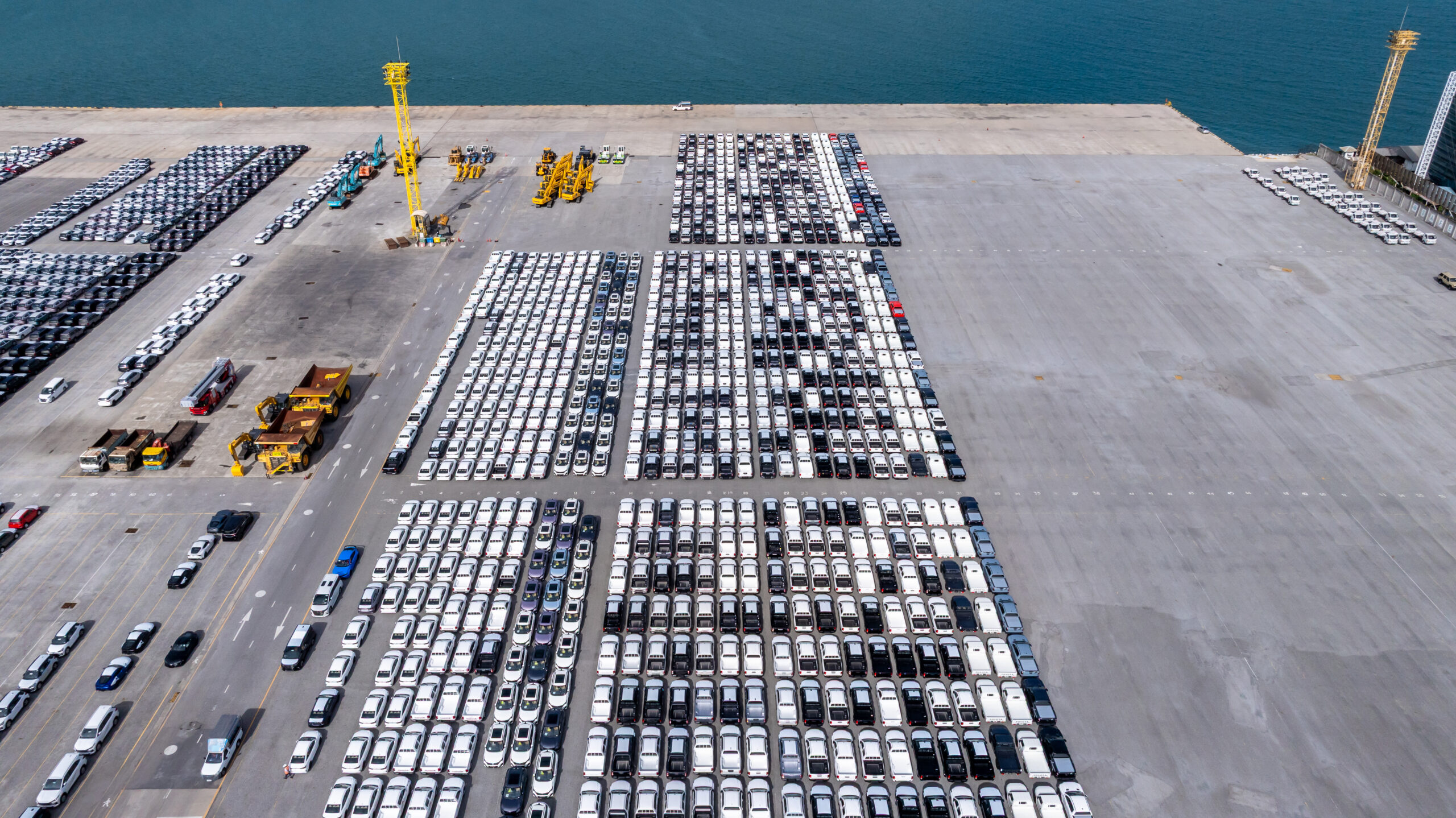 Aerial view new cars at industrial international sea port, Globa