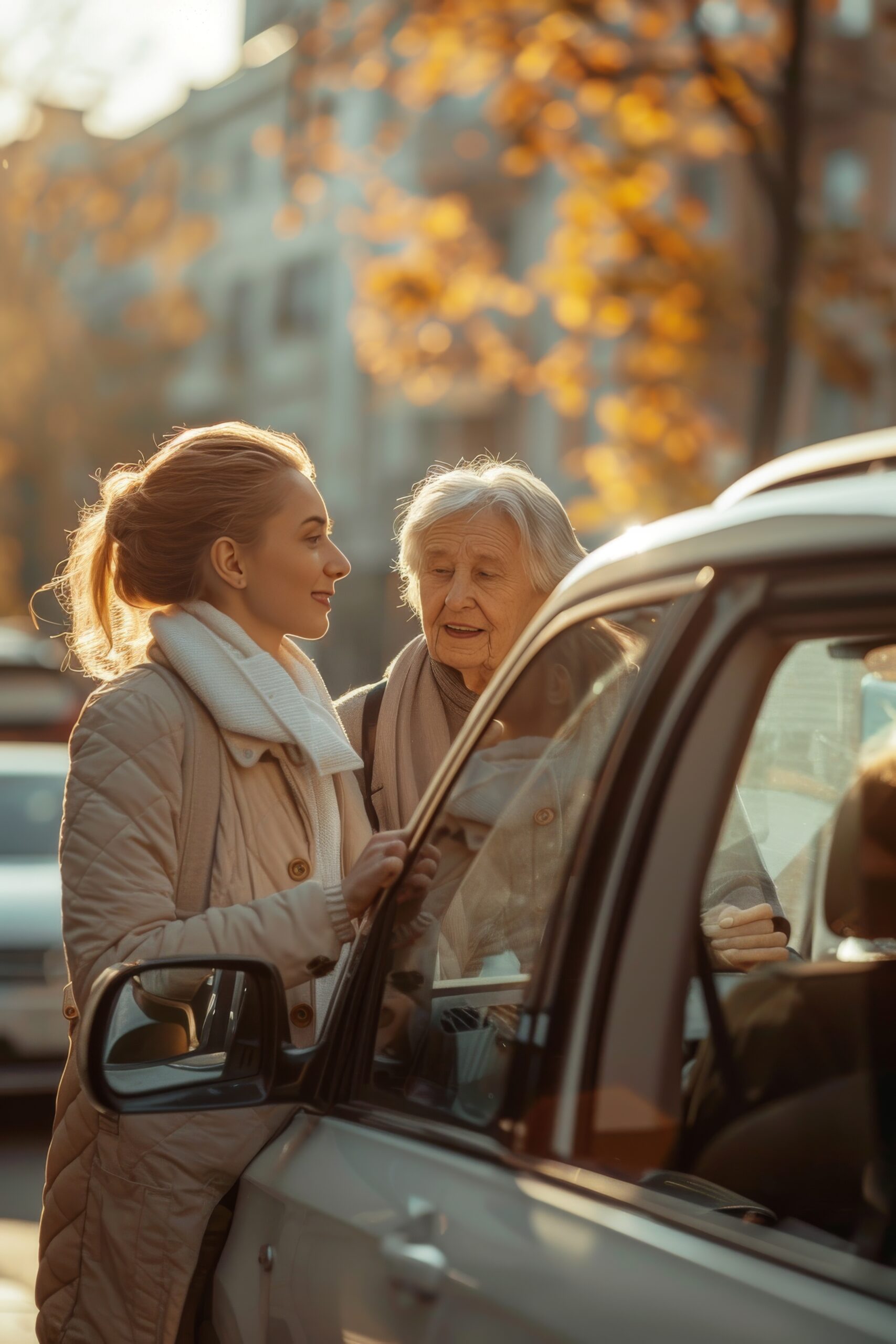 Taxi driver showing care as she helps an elderly person exit the car against an urban street backdrop