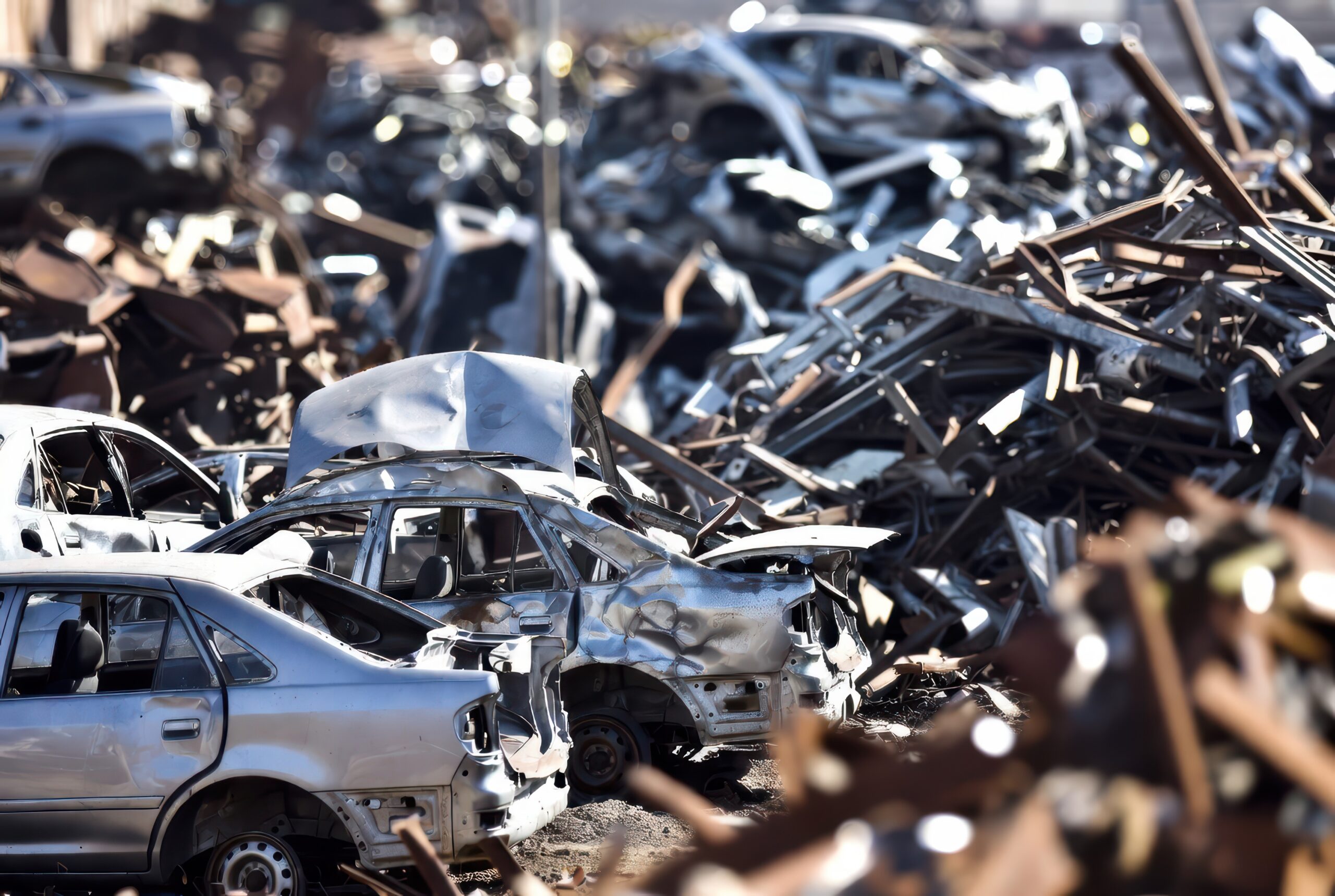 Heap of mangled, crushed, and wrecked cars at a junkyard, metal scrap