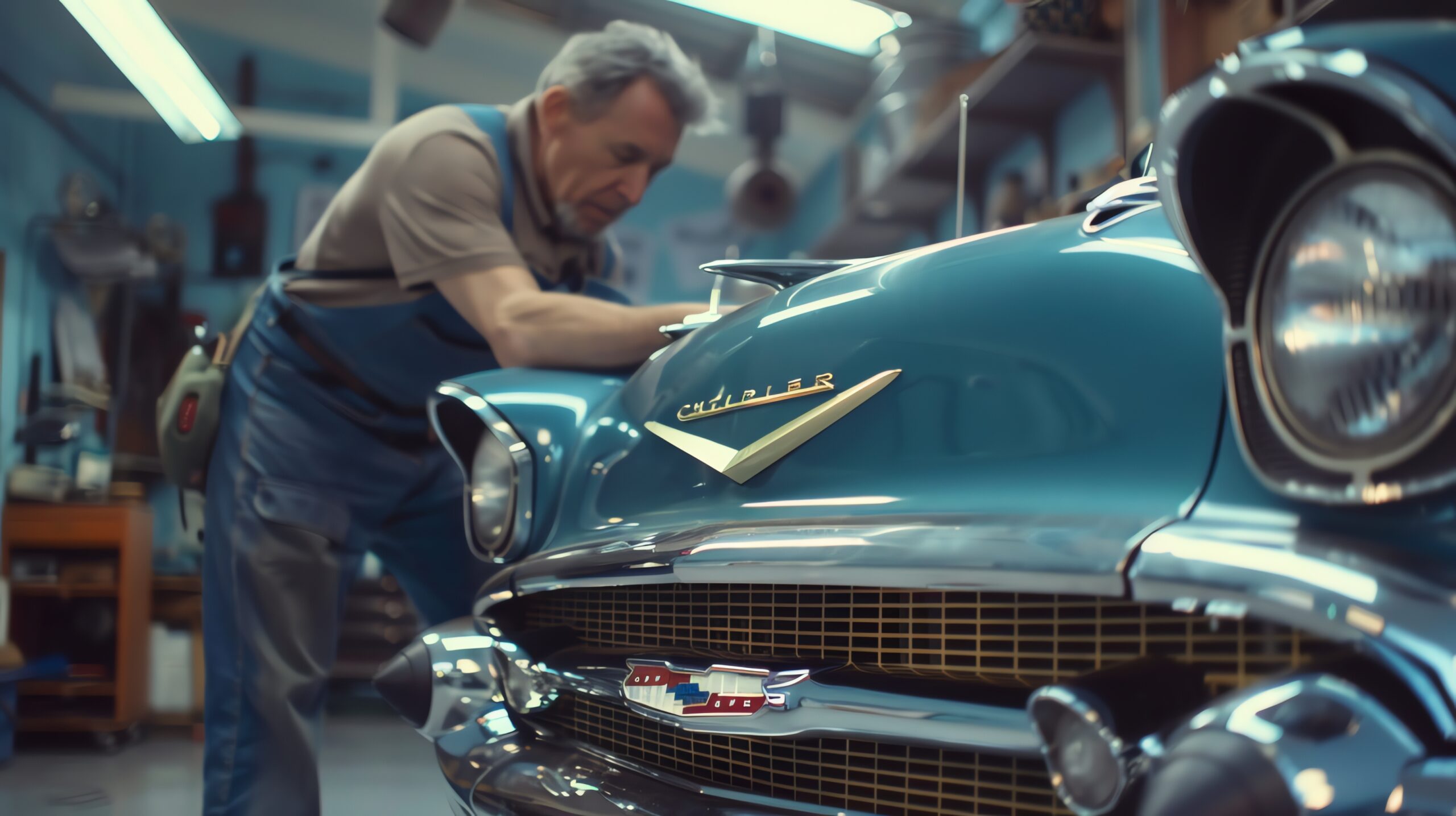 A man is working on a vintage blue car.